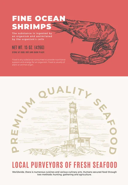 Fine Ocean Seafood. Abstract Vector Packaging Design or Label. Modern Typography and Hand Drawn Shrimp Sketch Silhouette with Sea Lighthouse Background Layout — Stock Vector