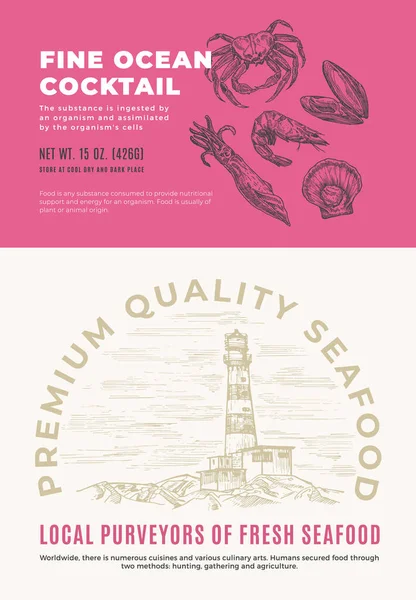 Fine Ocean Seafood Cocktail. Rancangan Paket Vektor Abstrak atau Label. Modern Typography and Hand Drawn Crab, Shrimp, Squid, Scallop and Mussel Sketch Silhouette with Sea Lighthouse Background Layout - Stok Vektor