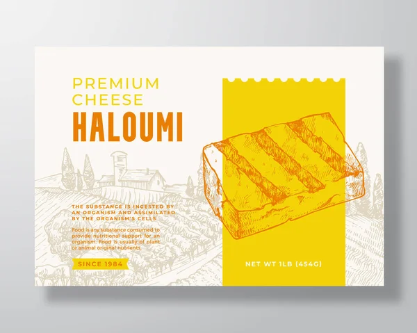 Premium Local Haloumi Food Label Mall. Abstrakt vektor förpackningsdesign layout. Modern typografi Banner med handritad ost bit och landsbygd landskap bakgrund. Isolerad — Stock vektor