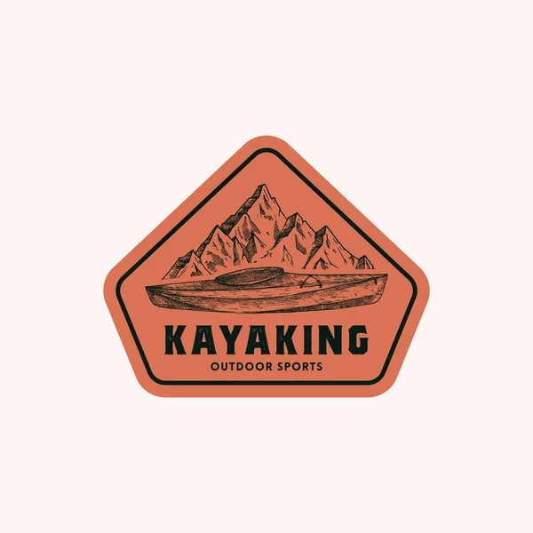 Modèle de signe, de symbole ou de logo de cadre abstrait de kayak. Kayak ou canot dessiné à la main Croquis du paysage paysager avec typographie et frontières. Concept d'emblème vectoriel de sports nautiques en plein air. Isolé — Image vectorielle