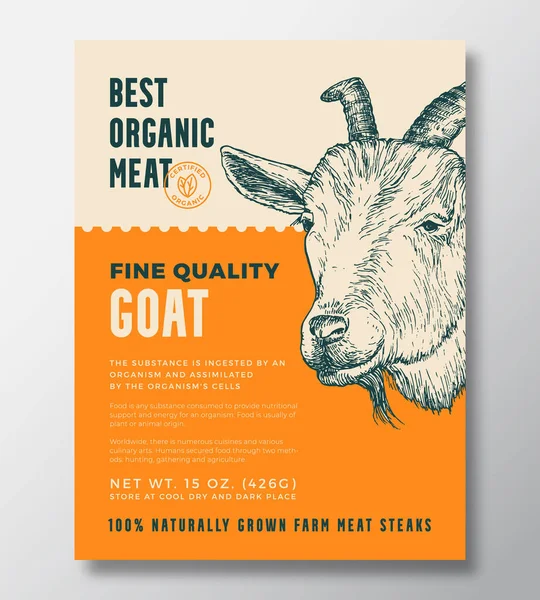 Animal Portrait Organic Meat Abstract Vector Packaging Design or Label Template. Farm Grown Steaks Banner. Modern Typography and Hand Drawn Goat Head Sketch Background Layout with Soft Shadow — Stock Vector