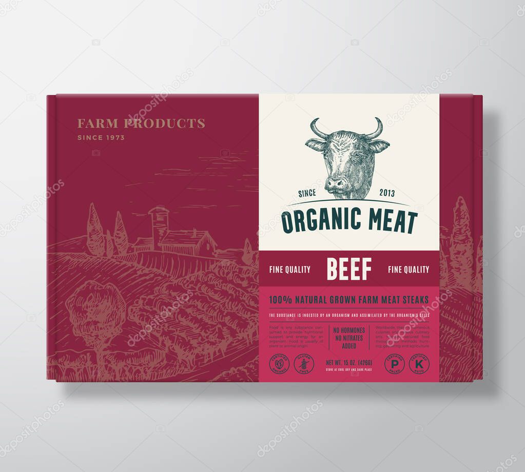 Premium Quality Beef Mock Up. Organic Vector Meat Packaging Label Design on a Cardboard Box Container. Modern Typography and Hand Drawn Cow Face and Rural Landscape Sketch Background Layout