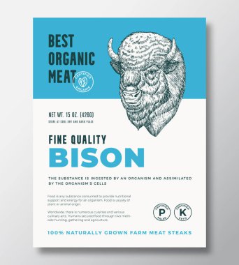 En İyi Organik Et Soyut Vektör Paket Tasarımı veya Etiket Şablonu. Farm Grown Buffalo Biftek Afişi. Modern Typography and Hand Drawn Bison Head Siluet Arka plan Düzeni ile Yumuşak Gölge