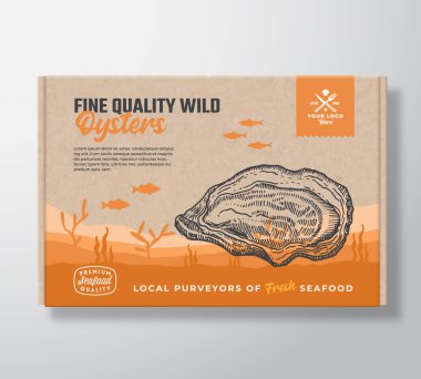 İyi kalite deniz ürünleri karton kutusu. Soyut Vektör Gıda Paket Tasarımı. Modern Typography ve Hand Drawn Oyster and Fish Silhouettes. Sancaklı Deniz Dibi Manzarası Arkaplan Düzeni