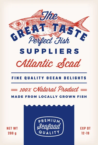 Great Taste Fish Suppliers Diseño abstracto de etiquetas de embalaje rústico vectorial. Retro Typography and Hand Drawn Atlantic Scad Silhouette Vintage Background Layout (en inglés). Aislado — Archivo Imágenes Vectoriales