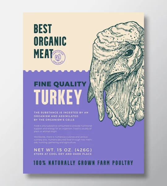 Bird Portrait Organic Meat Abstract Vector Packaging Design or Label Template. Farm Grown Poultry Banner. Modern Typography and Hand Drawn Turkey Head Sketch Background Layout with Soft Shadow — Stock Vector