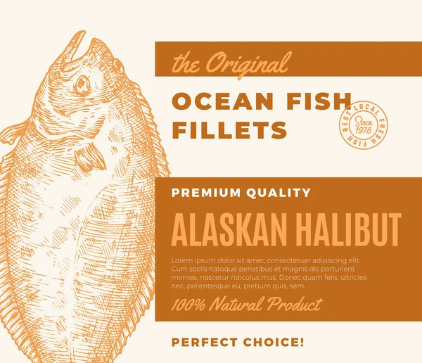 Kaliteli balık filetosu. Soyut Vektör Balık Paket Tasarımı veya Etiketi. Modern Typography and Hand Drawn Alaska Halibut Siluet Arkaplan Düzeni — Stok Vektör