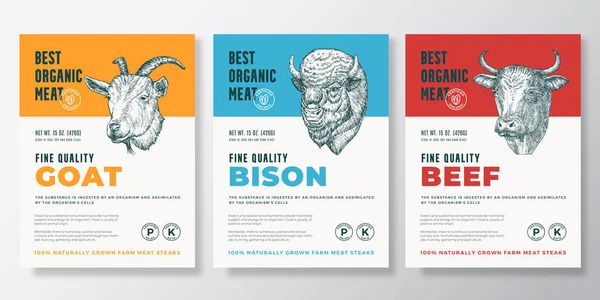 Mejor diseño de empaquetado de vectores de carne orgánica o conjunto de plantillas de etiqueta. Banners de filetes cultivados en granja. Tipografía moderna y mano dibujada vaca, bisonte y cabra cabeza siluetas fondos diseño colección — Vector de stock