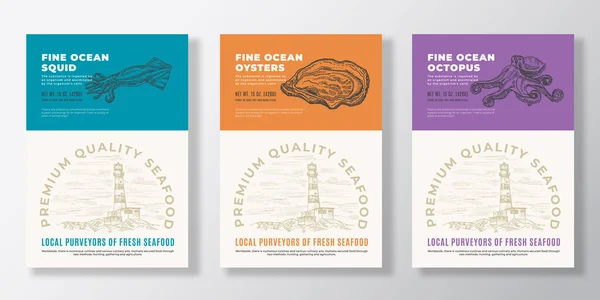 Seafood Vector Packaging Design oder Etikettenvorlagen Set. Banner für Ozeane und Meeresprodukte. Moderne Typografie und handgezeichnete Tintenfisch-, Oktopus- und Austernschalen-Silhouetten — Stockvektor