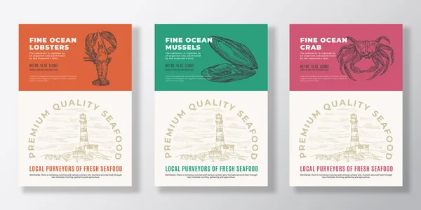 Seafood Vector Packaging Design or Label Templates Set. Ocean and Sea Products Banners. Modern Typography and Hand Drawn Lobster, Crab and Mussel Shell Silhouettes Backgrounds Layout Collection — Stock Vector