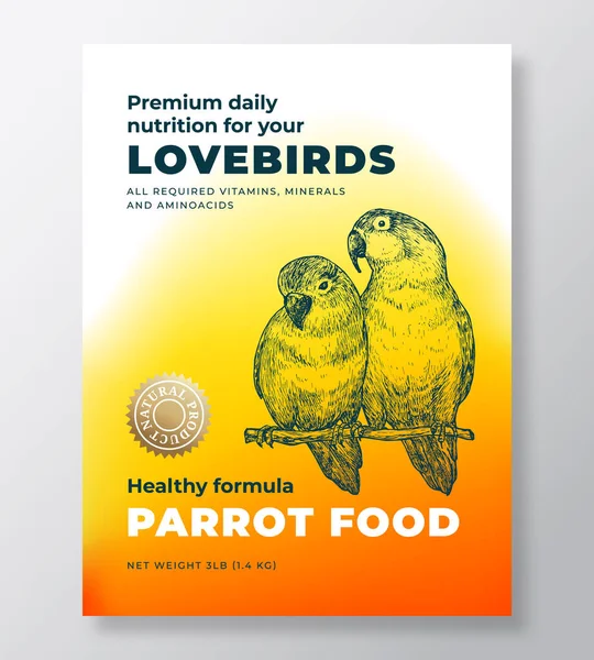 Pet Bird Food Produktkennzeichnung Vorlage. Abstraktes Vektorverpackungsdesign-Layout. Moderne Typografie Banner mit handgezeichnetem Paar Lovebird Papageien Skizzenhintergrund. Isoliert — Stockvektor