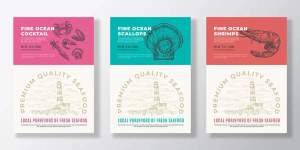 Seafood Vector Packaging Design vagy Label sablonok Set. Ocean and Sea Products bannerek. Modern tipográfia és kézzel rajzolt homár, tintahal rák és kagyló sziluettek háttér elrendezése gyűjtemény. — Stock Vector