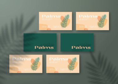 Tropikal Palm Shadow Overlay 'li iş kartları şablonu. Tepesinde Doğal Işıklandırma olan Gerçekçi Vektör Durağan Model Sahnesi. Soyut Botanik Arkaplan Dekoratif Düzen
