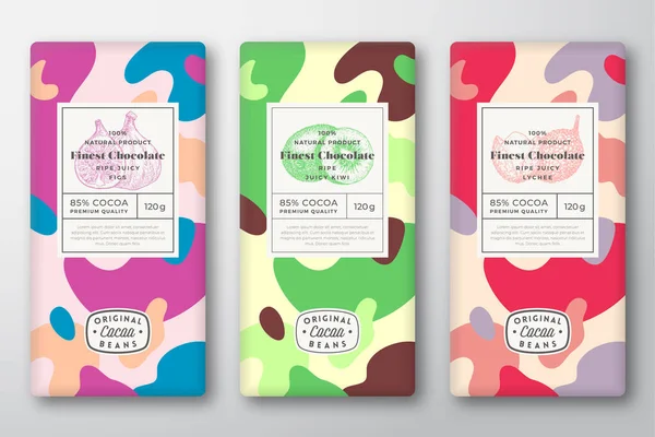 Chocolate Labels Set. Abstract Vector Packaging Design Layouts Collection. Modern Typography, Hand Drawn Lychee, Kiwi, Figs Sketches and Colorful Camouflage Pattern Background. Isolated — Stockový vektor