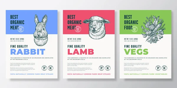 Best Organic Meat and Vegetables Vector Packaging Design or Label Templates Set. Farm Grown Products Banners. Hand Drawn Herbs, Rabbit and Sheep Head Silhouettes Backgrounds Layout Collection — Stock Vector