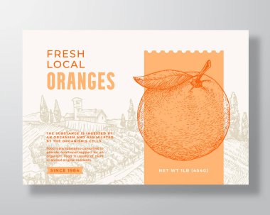 Taze Yerel Portakal Gıda Etiketi Şablonu. Soyut Vektör Paketleme Tasarımı Düzeni. El Tarlası Meyvesi ve Kırsal Peyzaj Arkaplanlı Modern Typography Banner. İzole edilmiş