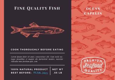 Premium Kaliteli Okyanus Kapelinleri Soyut Vektör Tasarımı veya Etiketi. Modern Typography and Hand Drawn Sketch Fish Desenli Deniz Ürünleri Planı