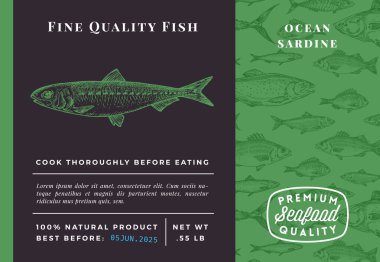 Premium Kaliteli Okyanus Sardalyası Soyut Vektör Tasarımı veya Etiketi. Modern Typography and Hand Drawn Sketch Fish Desenli Deniz Ürünleri Planı
