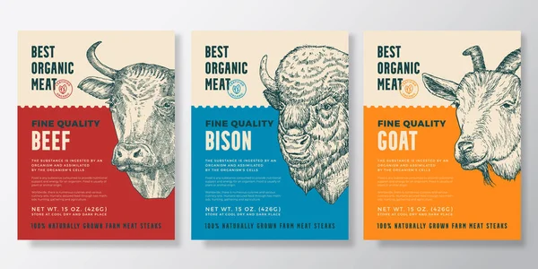 Animal Portrait Organic Meat Vector Packaging Design eller Etikettmallar Set. Gårdsbiffar. Modern typografi och handritad ko, Bison och get skisser huvud bakgrunder Layout Collection — Stock vektor