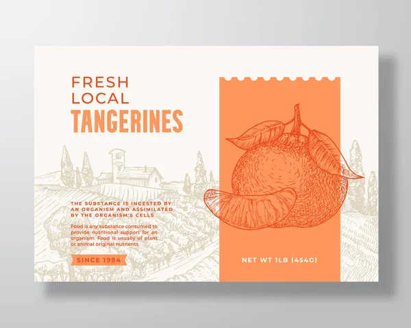 Fresh Local Tangerines Food Label Mall. Abstrakt vektor förpackningsdesign layout. Modern typografi Banner med handritade citrusfrukter och landsbygd Landskap bakgrund. Isolerad — Stock vektor