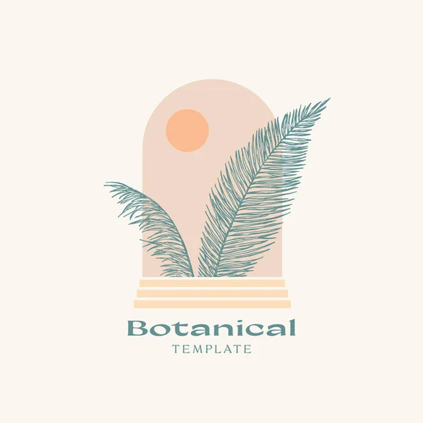 Abstract Vector Botanisch Teken, Label of Logo Template. Handgetekende palmbladeren met door Ark Window. Hedendaagse Eblem Design voor Apparel Print, Behang. geïsoleerd — Stockvector