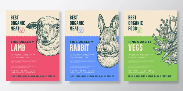 Animal Portrait Organic Fleisch and Gemüse Vector Packaging Design oder Etikettenvorlagen Set. Moderne Typografie und handgezeichnete Hasen- und Schafskopfskizzen Hintergründe Layout-Kollektion — Stockvektor