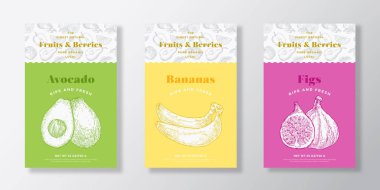 Meyve ve Böğürtlen Şablonu Ayarlandı. Vektör Tasarım Düzeni Koleksiyonu. El Avokado, Muz ve İncir Çizimleri Geçmişli Modern Typography Banner. İzole edilmiş