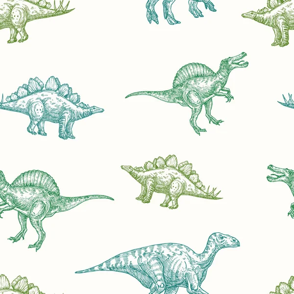 Dinosaurios dibujados a mano Vector Seamless Background Pattern. Spinosaurus, Stegosaurus y Iguanodon Dibujos Coloridos Tarjeta, Envoltura o Plantilla de Portada — Archivo Imágenes Vectoriales