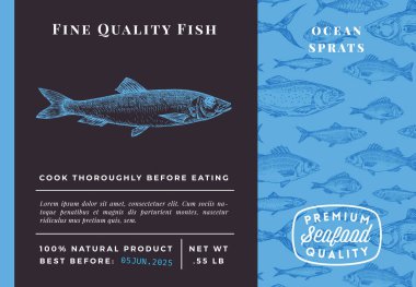 Premium Kalite Ocean Sprats Soyut Vektör Tasarımı veya Etiketi. Modern Typography and Hand Drawn Sketch Fish Desenli Deniz Ürünleri Planı