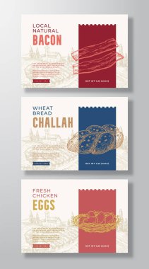 Taze Yerel Gıda Etiketi Şablonları Ayarlandı. Soyut Vektör Tasarım Düzeni Koleksiyonu. El pastırmalı pankartlar, Challah Ekmeği, Yumurtalar ve Kırsal Peyzaj Arkaplanı. İzole edilmiş