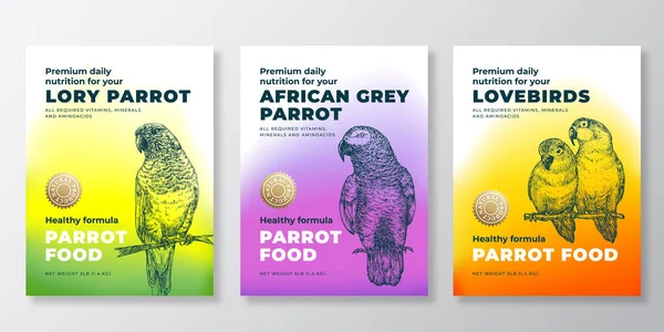 Pet Bird Food Product Label Templates Set (dalam bahasa Inggris). Susunan Rancangan Paket Vektor Abstrak. Modern Typography Banners with Hand Drawn Lovebirds, Lory and African Grey Parrot Sketch Backgrounds Collection (dalam bahasa Inggris) - Stok Vektor