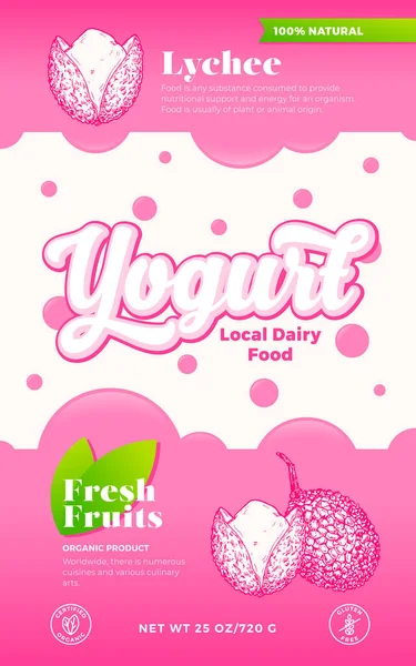 Meyve ve yoğurt etiketi şablonu. Soyut Vektör Süt Ürünleri Tasarım Düzeni. Bubbles ve Hand Drawn Lychee Sketch Siluet Geçmişli Modern Typography Banner. İzole edilmiş — Stok Vektör