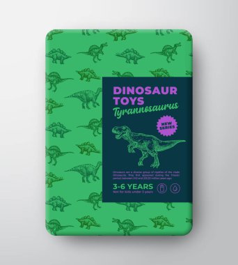 Dinozor Oyuncakları Etiketleme Şablonu. Soyut Vektör Paketleme Tasarımı Düzeni. El Çizimi Tyrannosaurus Rex Eskiçağ Sürüngen Kalıpları Arkaplanı ve Gerçekçi Gölgeler ile Skeç. İzole edilmiş