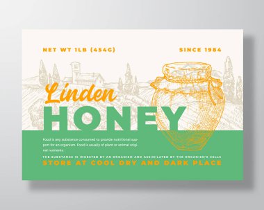 Linden Honey Etiketi Şablonu. Soyut Vektör Paketleme Tasarımı Düzeni. El Kaplama Kavanozu ve Kırsal Peyzaj Arkaplanlı Modern Typography Banner. İzole edilmiş