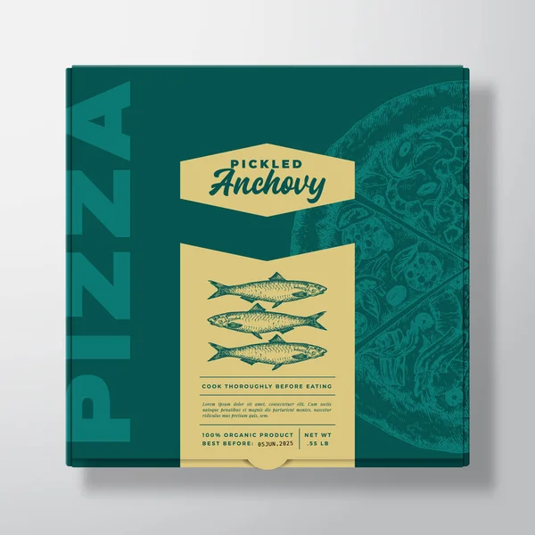 Pizza med skaldjur ansjovis fisk realistiska kartong Mockup. Abstrakt vektorförpackningsdesign eller etikett. Modern typografi, Skiss mat och färg papper bakgrund layout. Isolerad — Stock vektor