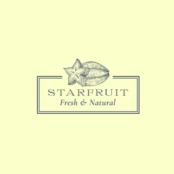 Starfruit med en skiva abstrakt vektor tecken, symbol eller logotyp mall. Hand ritade frukter illhouette skiss med elegant Retro typografi och ram. Vintage Lyx Emblem. Isolerad — Stock vektor