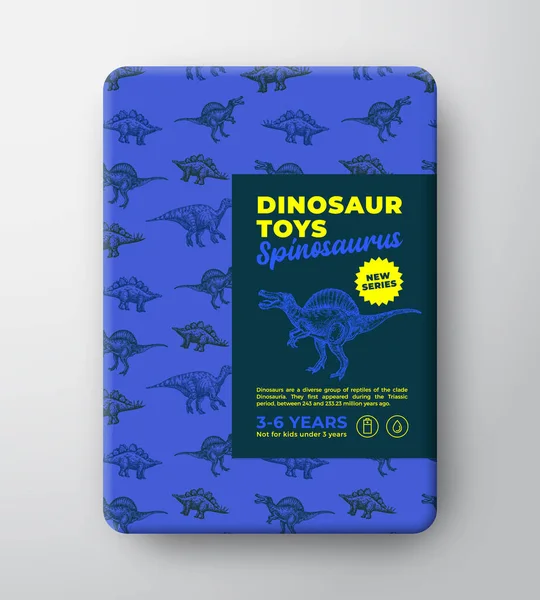 Šablona popisků dinosauřích hraček. Abstrakt Vector Packaging Design Layout. Ručně kreslený Spynosaurus Sketch s antickými plazivými nákresy vzor pozadí a realistické stíny. Izolované — Stockový vektor