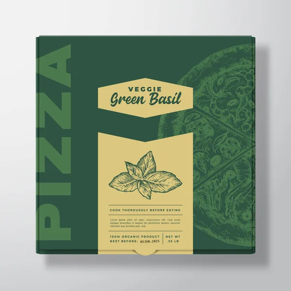 Pizza med Basil Herb Realistisk kartong Mockup. Abstrakt vektorförpackningsdesign eller etikett. Modern typografi, Skiss mat och färg papper bakgrund layout. Isolerad — Stock vektor