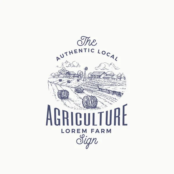 Yerel Tarım Çiftliği Retro Rozeti veya Logo Şablonu. Elle çizilmiş Kırsal Çiftlik Peyzajı Çizimi Yel Değirmeni, Samanlıkta Typography Mizanpajı. Klasik Sketch Amblemi. İzole edilmiş — Stok Vektör