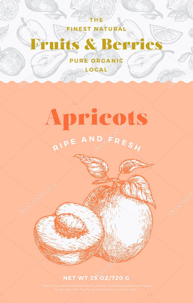 Fruits and Berries Pattern Label Template. Abstract Vector Packaging Design Layout. Modern Typography Banner with Hand Drawn Apricot with Slice Sketch Silhouette Background. Isolated