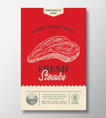 Çiftlik Yetiştirilmiş Et Soyut Vektör Tasarımı veya Etiketi. Modern Typography Banner, El Çizimi Biftek Çizimi Silueti. Renkli Kağıt Arkaplan Düzeni. İzole edilmiş