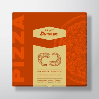 Deniz ürünleri karidesli pizza gerçekçi karton kutu maketi. Soyut Vektör Paket Tasarımı veya Etiketi. Modern Typography, Sketch Food ve Renkli Kağıt Arkaplan Düzeni. İzole edilmiş
