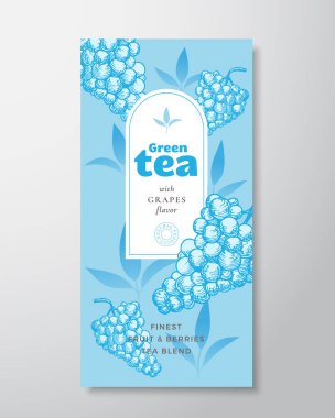 Meyve ve Böğürtlen Çay Şablonu. Gerçekçi Gölgelerle Soyut Vektör Tasarım Düzeni. El çizimi Üzüm Topluluğu ve Yaprak Dekor Siluetleri Arkaplanı. İzole edilmiş