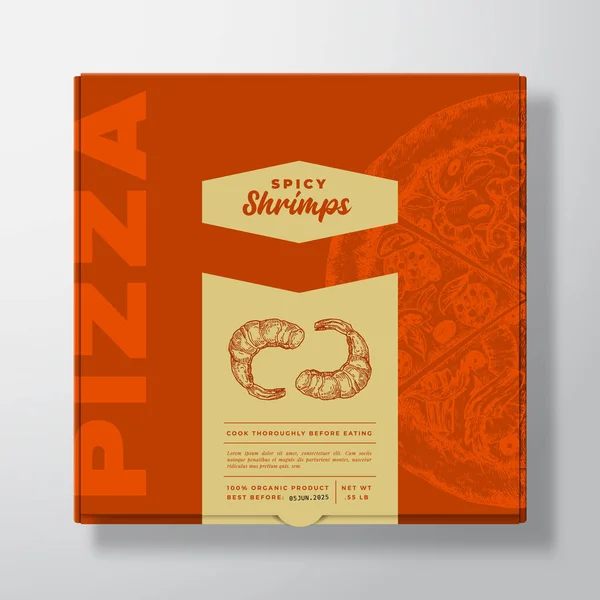 Pizza med skaldjur räkor realistisk kartong Mockup. Abstrakt vektorförpackningsdesign eller etikett. Modern typografi, Skiss mat och färg papper bakgrund layout. Isolerad — Stock vektor