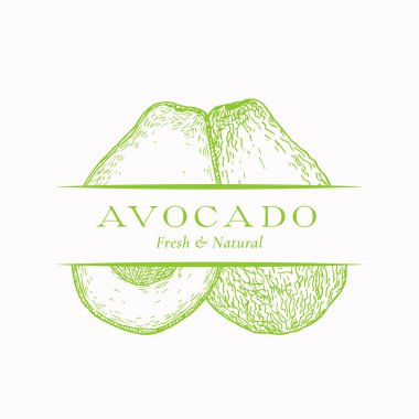 Taze Organik Avokado Soyut Vektör İşareti, Sembol veya Logo Şablonu. Modern Typography ile El yapımı Fruit Sketch Sillhouette. İzole edilmiş