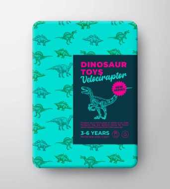 Dinozor Oyuncakları Etiketleme Şablonu. Soyut Vektör Paketleme Tasarımı Düzeni. El çizimi Velociraptor Sketch Antik Sürüngen Yaratıklar Şablon Arkaplanı ve Gerçekçi Gölgeler. İzole edilmiş