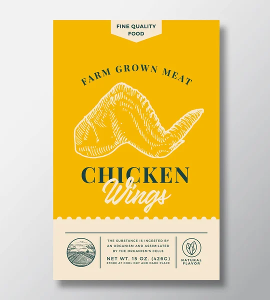 Farm Grown Meat Abstract Vector Diseño de empaquetado o etiqueta. Banner de tipografía moderna, silueta de boceto de pollo dibujado a mano. Diseño de fondo de papel de color. Aislado — Vector de stock