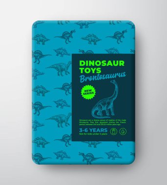 Dinozor Oyuncakları Etiketleme Şablonu. Soyut Vektör Paketleme Tasarımı Düzeni. El çizimi Brontosaurus çizimi, Antik Sürüngen Craetures Arkaplanı ve Gerçekçi Gölgeler. İzole edilmiş
