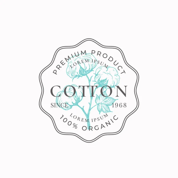 Cotton Purveyors ramka Odznaka lub szablon logo. Ręcznie rysowana bawełniana gałąź z kwiatami Szkic z Retro Typografia i Granice. Vintage godło Premium. Izolacja — Wektor stockowy