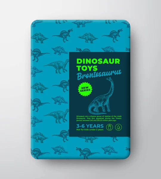 Dinosaurus Speelgoed Label Template. Abstract Vector Packaging Design lay-out. Handgetekende Brontosaurus schets met oude Reptielen Craetures patroon achtergrond en realistische schaduwen. geïsoleerd — Stockvector